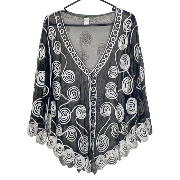 vintage Vivid Importers Button Up Top XL Black Sheer Swirl Embroidery Elegant Ev - Picture 1 of 8